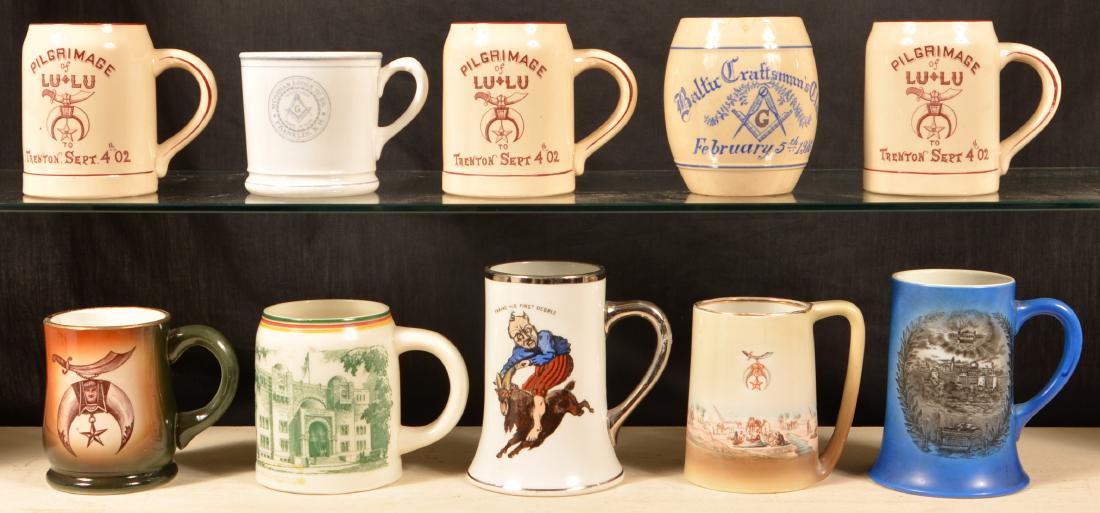 Ten Masonic Transfer China Mugs.: Ten Antique /Vintage Masonic Transfer China Mugs. Tallest measures 5-1/2"h. Condition: Good with minor wear.