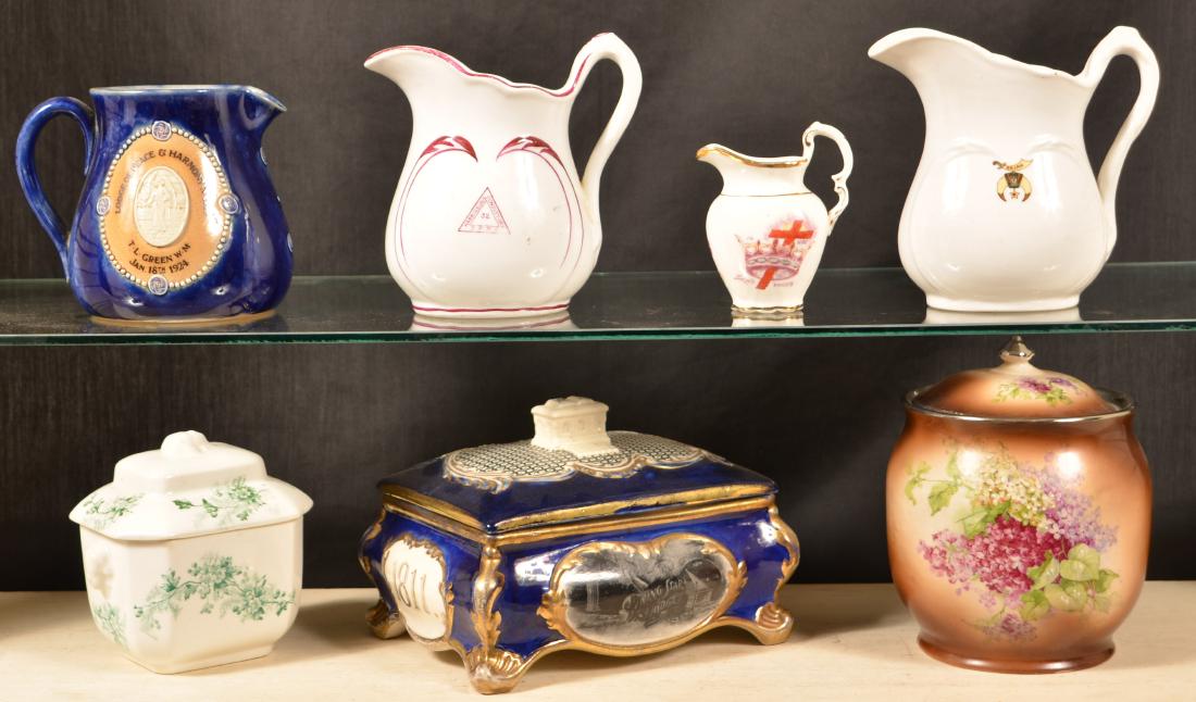 Lot of Antique/Vintage Masonic Transfer China.: Lot of Antique/Vintage Masonic Transfer China. Tallest measures 7"h. Condition: Good with minor wear.