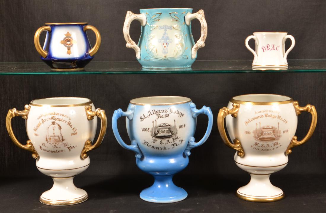 Masonic Transfer China Loving Cups.: Antique/Vintage Masonic Transfer China Loving Cups. Some signed on bases Thos. Maddox's Sons Co., Trenton, N.J. Tallest measures 7-1/2"h. Condition: Good with minor wear.