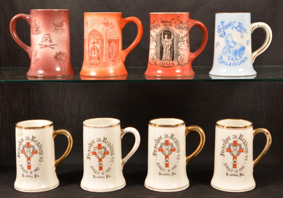 Eight Masonic Transfer China Mugs.: Eight Antique/Vintage Masonic Transfer China Mugs. Some signed on bases Thos. Maddox's Sons Co., Trenton, N.J. Tallest measures 5-3/4"h. Condition: Good with minor wear.