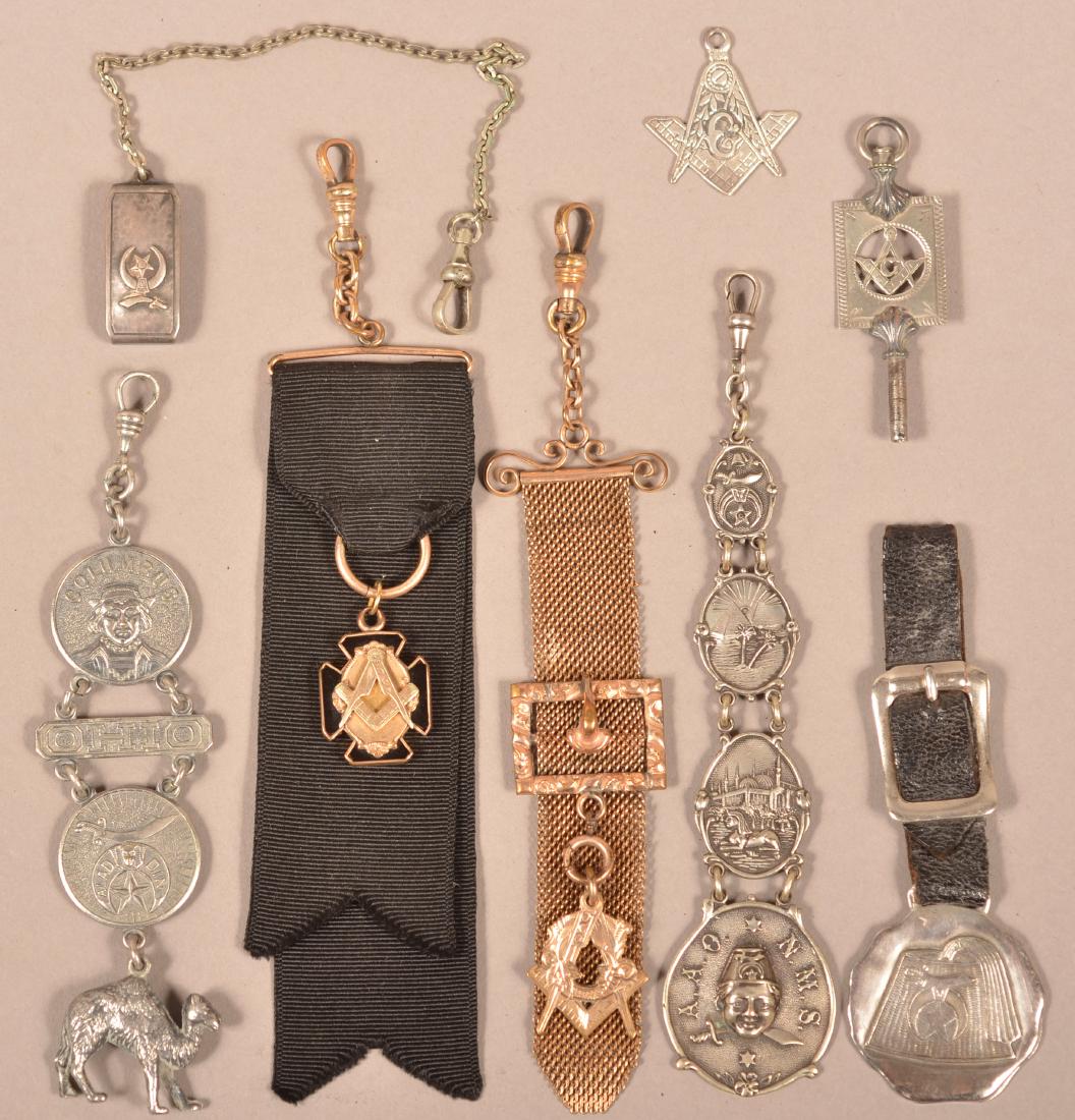 8 pcs. Masonic & Fraternal Watch Chains,: Fobs & Watch Keys, Late 19th/early 20th Century