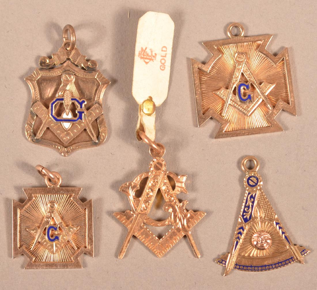 5 Masonic 10k Watch Fobs: Some with Enamel 9.7 dwt