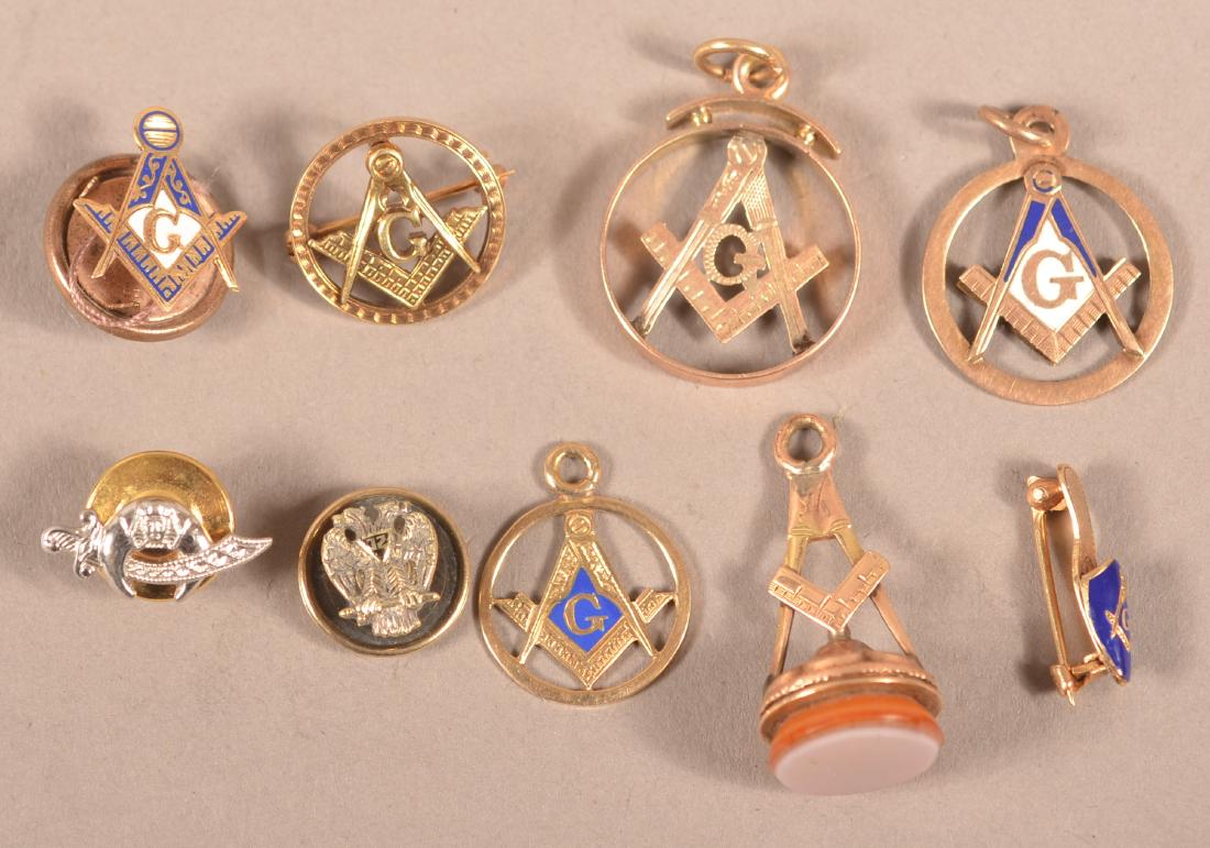 9 pcs. 14k Masonic Fobs, Pins & Charms: Some Enameled