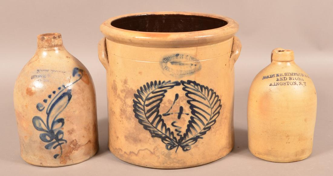 Three Pieces of Blue Slip Decorated Stoneware. (1 of 2)