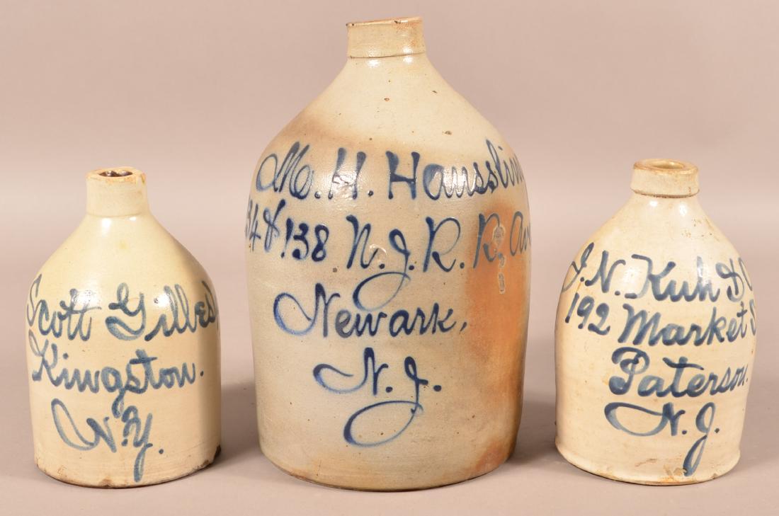 Three New Jersey Cobalt Script Advertising Jugs. (1 of 2)