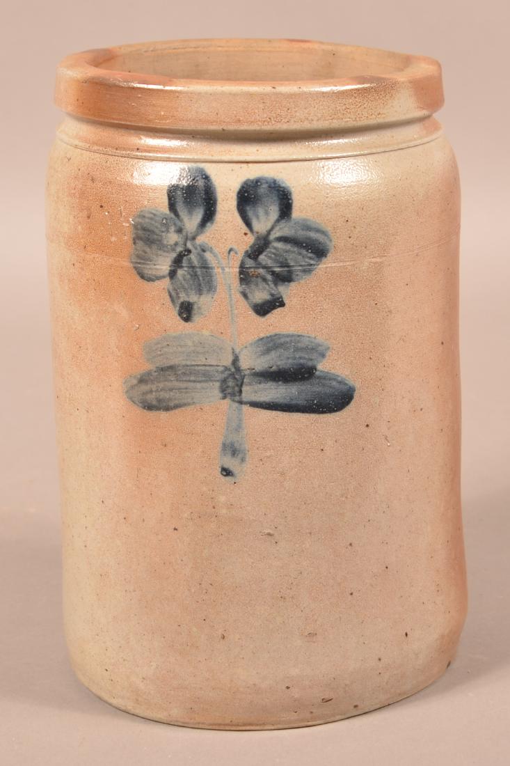 Stoneware Crock with Cobalt Decoration.: Stoneware Crock with Cobalt Blue Floral and Foliate Decoration. Attributed to Remmey Pottery, Philadelphia, PA. 1-1/2 gallon with tooled shoulder and square rim. 11"h. Condition: Very good.