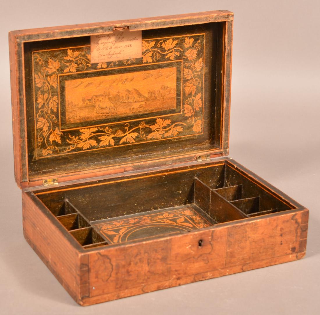 Mid 19th Century Softwood Jewelry Casket.: Mid 19th Century Softwood Jewelry Casket. Inlaid interior and name "Nancy W. Everett". Exterior with poems and figural reserves. 4"h. x 12"w. x 8"w. Condition: Interior is good, exterior shows wear.