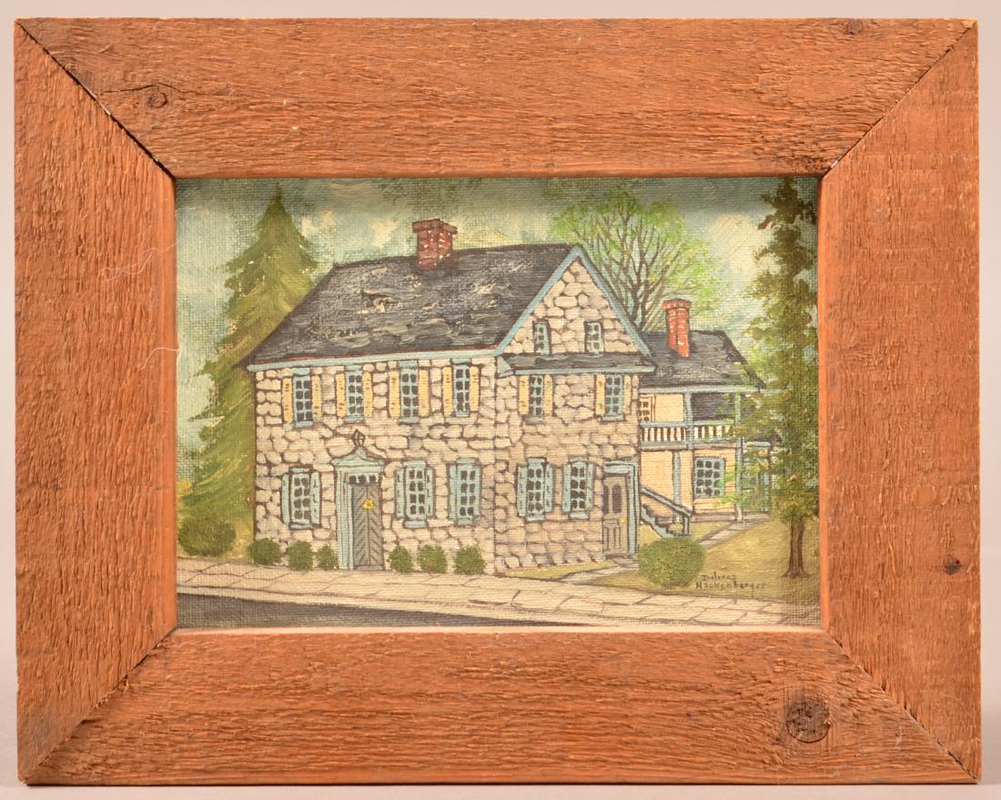Small Dolores Hackingberger Oil on Artist Board.: Small Dolores Hackingberger Oil on Artist Board Painting. Signed lower right and titled on verso "Greystone House". Framed 7-3/4" x 9-3/4" overall. Condition: Very good.