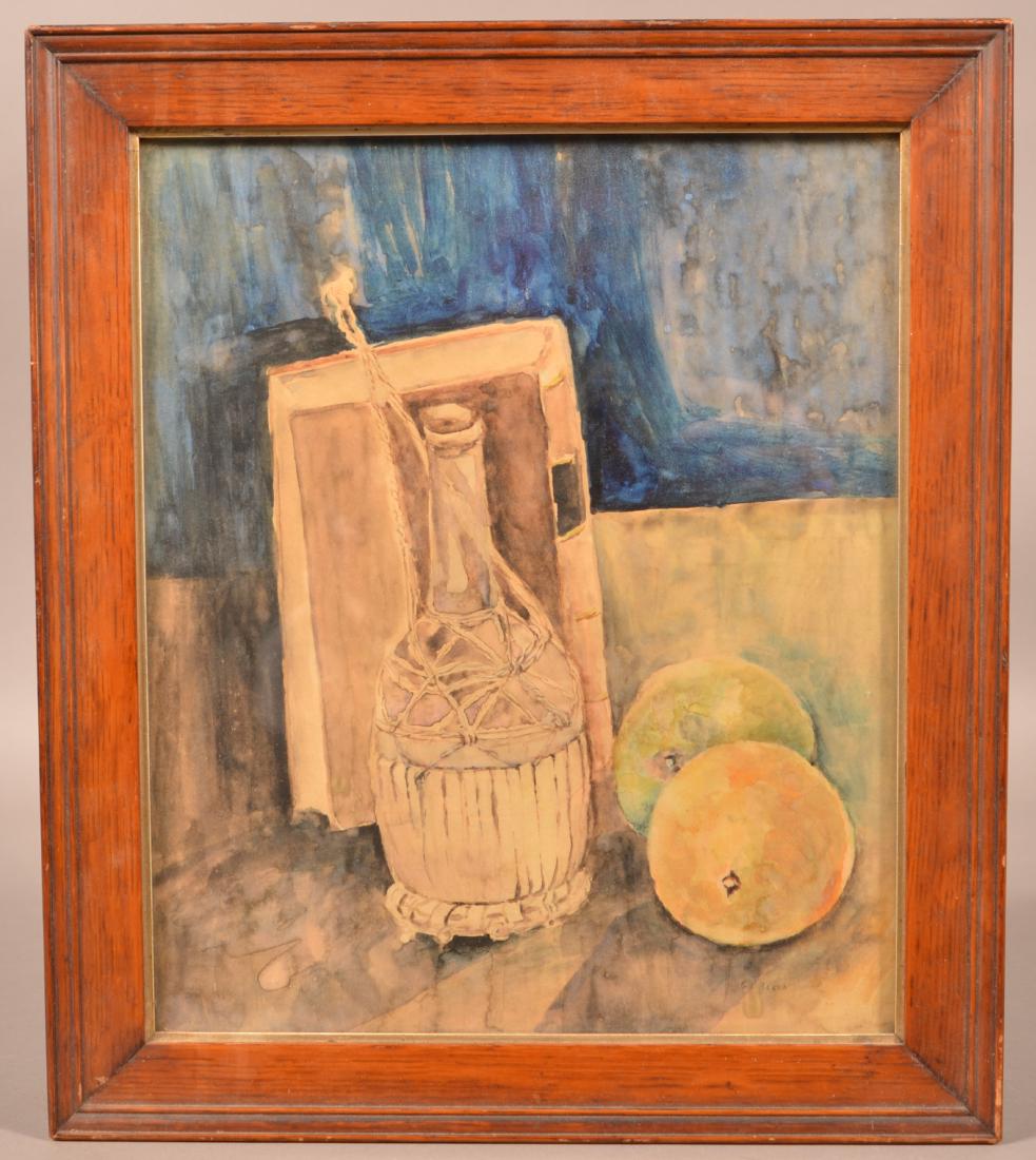 Watercolor on Paper Still Life Painting.: Watercolor on Paper Still Life Painting. Signed lower right "G.L. Beach". Depict fruit, book and a wine bottle on a table top. In a molded frame, 17" x 15' overall. Condition: Good with toning.