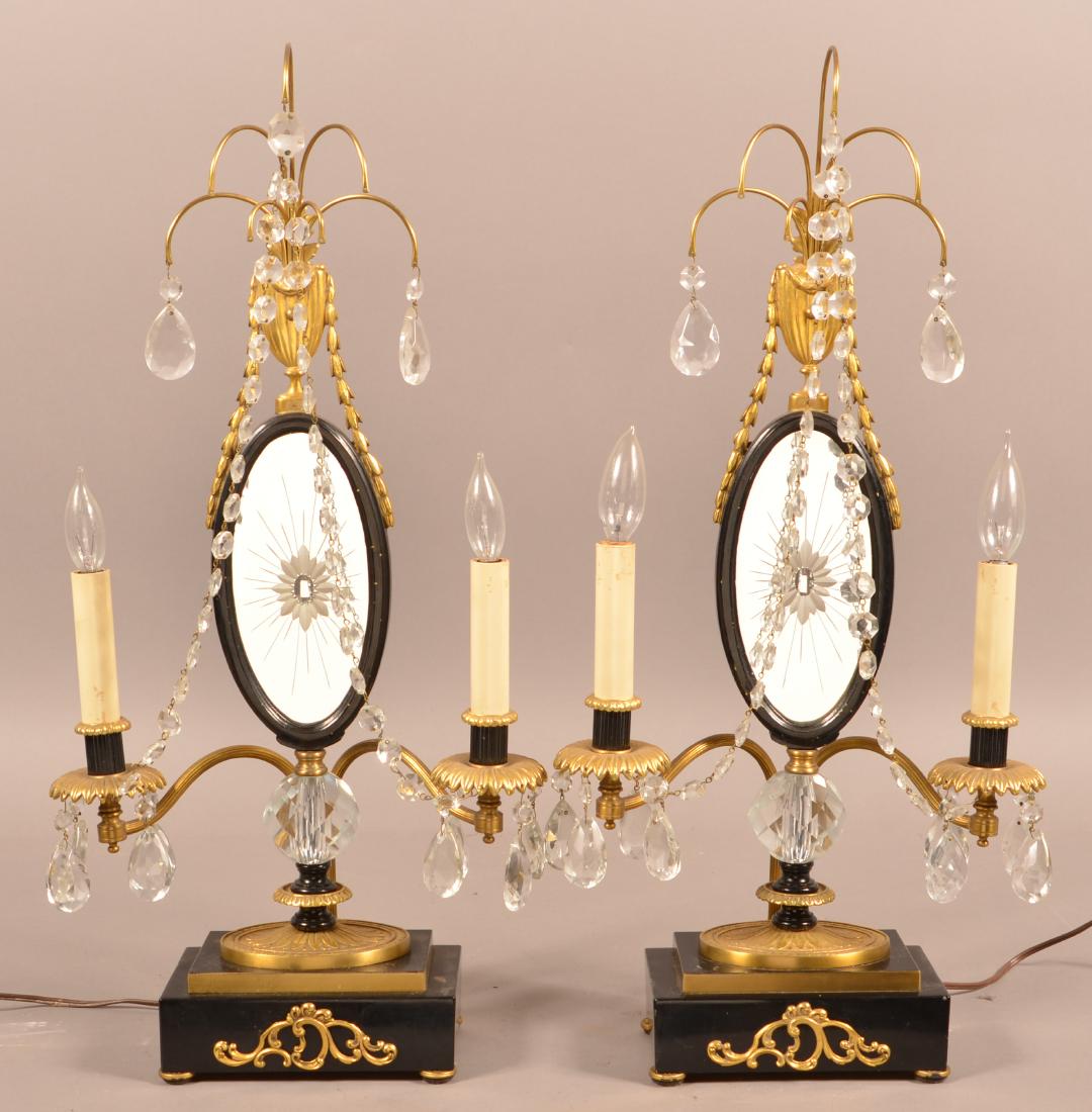 Pair of Period Style Electric Table Sconces.: Pair of Period Style Electric Table Sconces. 27"h. overall. Condition: Good with wear and losses to prisms.