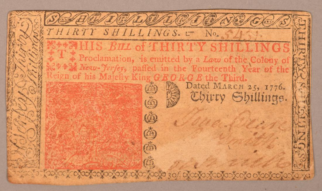 1 pc.Continental Currency: 1 pc. Continental Currency. March 25, 1776. 30 Shillings. Printed by Isaac Collins. Burlington, New Jersey. Bottom closely trimmed, Area of abrasion at signatures, o/w UG. 3.75 x 2.25"