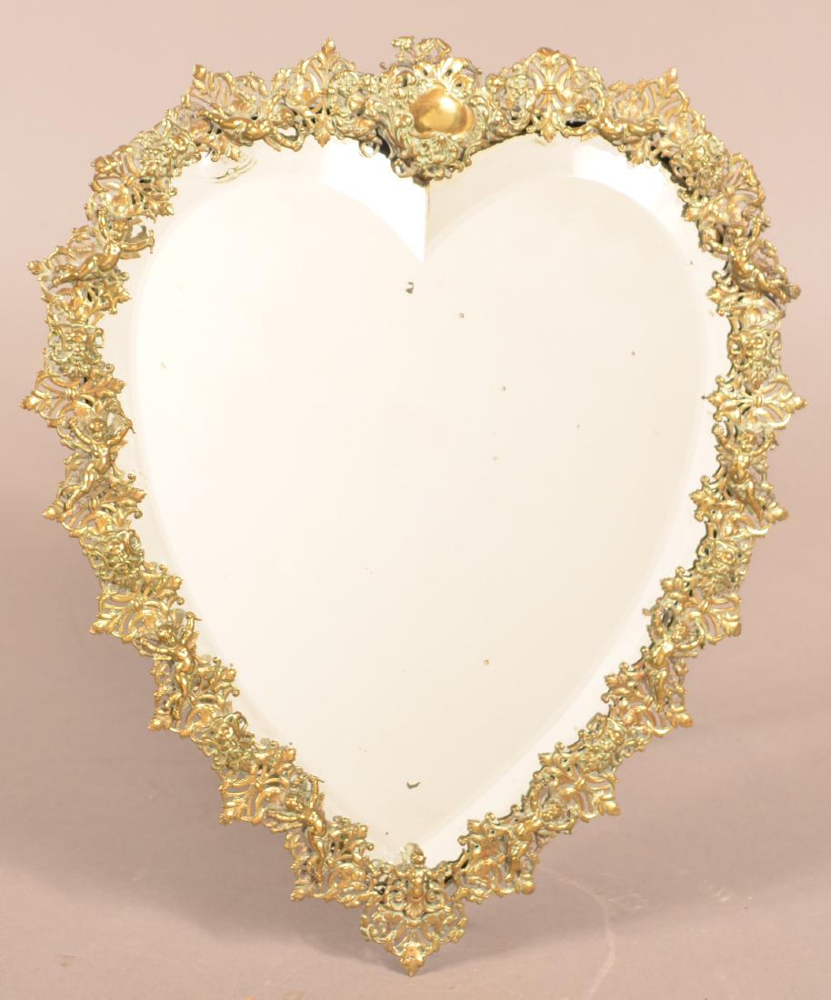 Antique Ornate Brass Heart Shaped Mirror. (1 of 7)