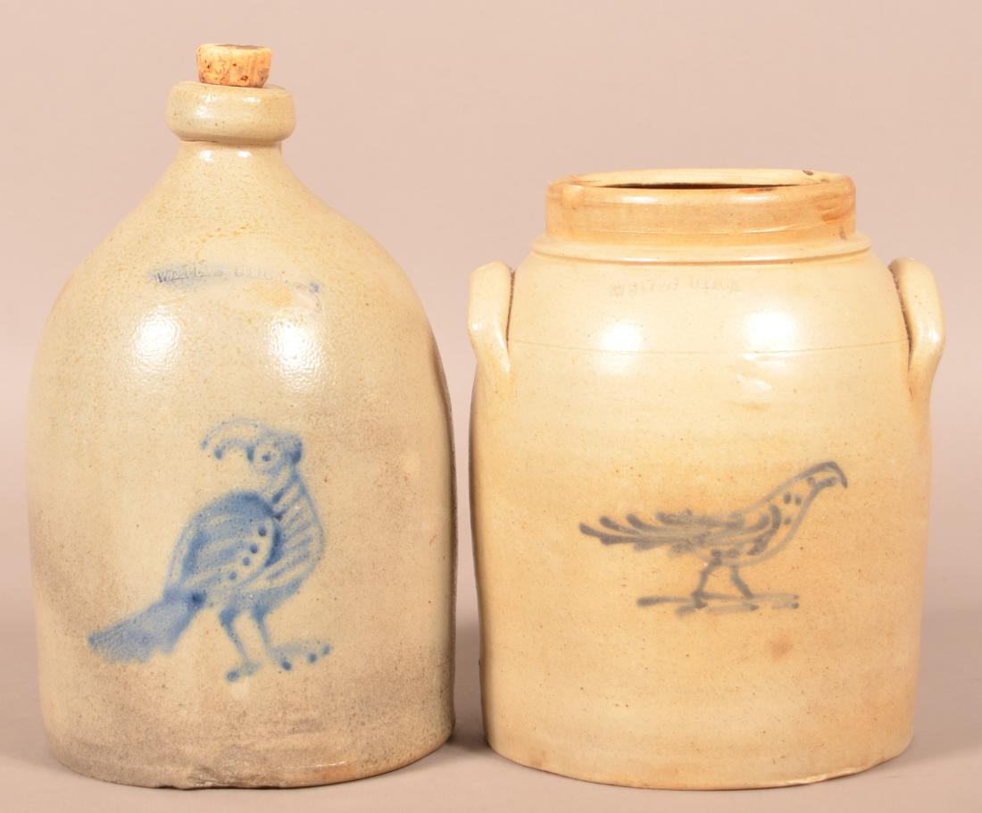 Two Pieces of White, Utica Bird Decorated Stoneware. (1 of 3)