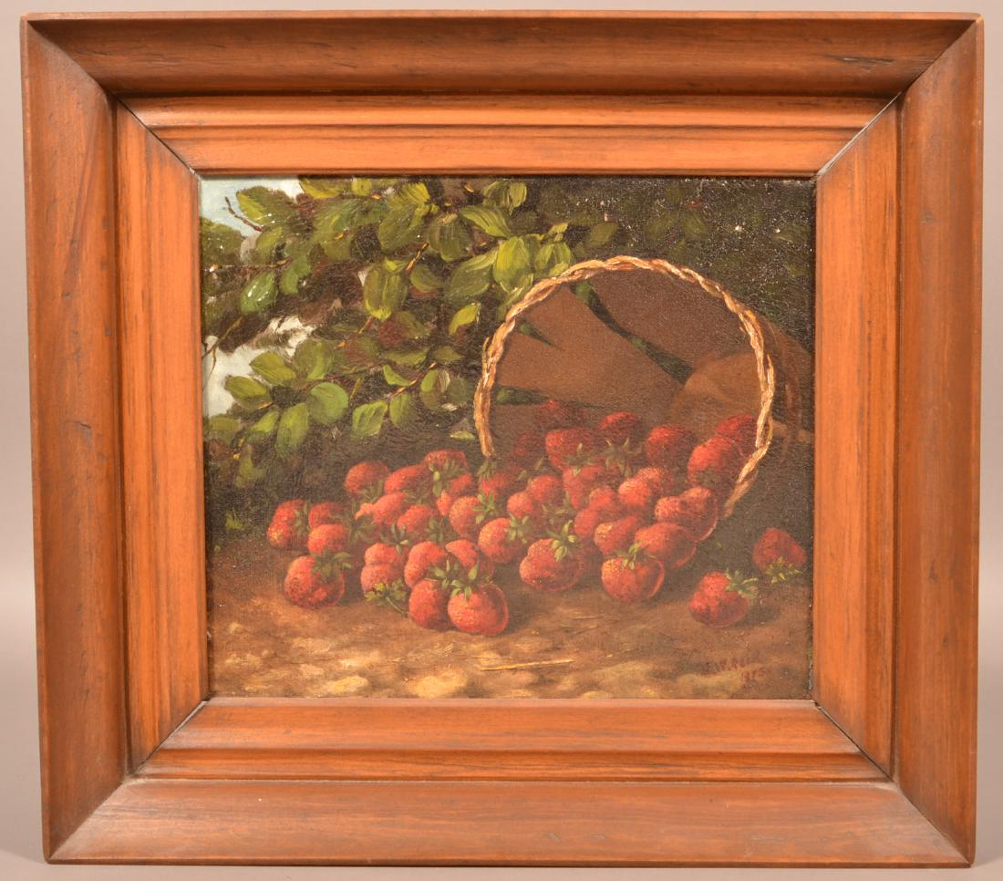Oil on Canvas Still Life Signed J.W. Reed 1915.: Oil on Canvas Still Life Signed J.W. Reed 1915. Depicts strawberries in a tilted basket. In a later softwood frame, 18" x 20-1/2" overall. Condition: Good with wear. Plastic lining on back.