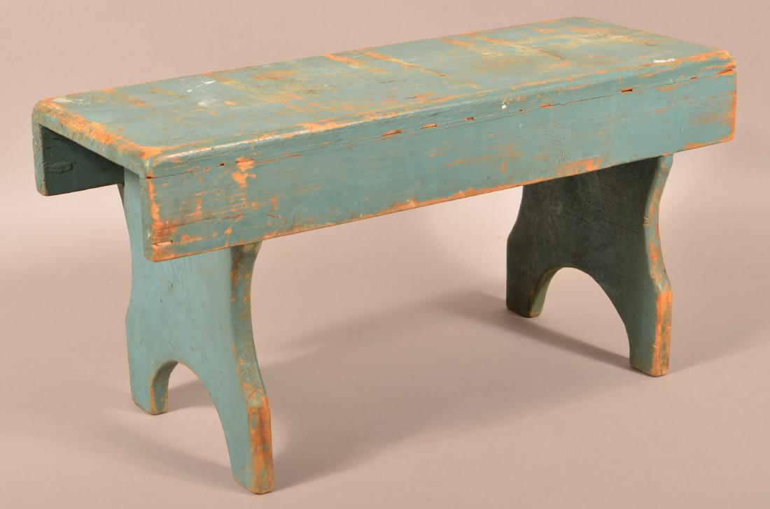 Antique Blue Painted Softwood Stool. (1 of 2)