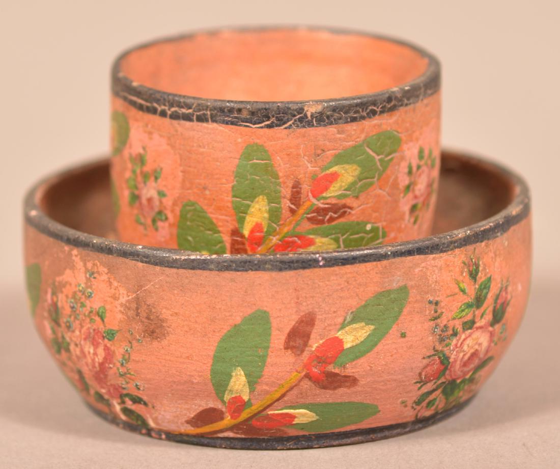 Lehn (Lancaster County, PA) Cup and Saucer.: Joseph Lehn (Lancaster County, Pennsylvania 1798-1892), Turned and Painted Poplar Cup and Saucer. Polychrome hand painted pussy willow rose decals on a salmon ground. Saucer measures 3" diameter. Cond
