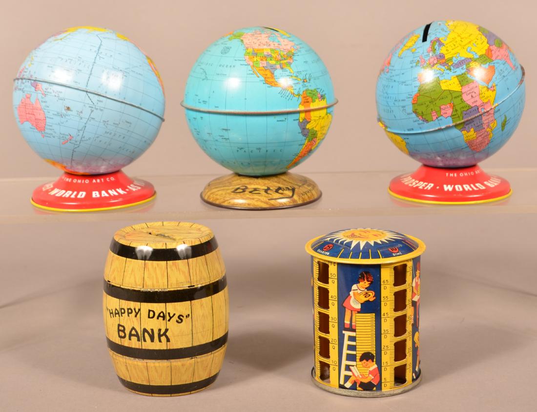 Five Tin Lithograph Still Banks. (1 of 2)