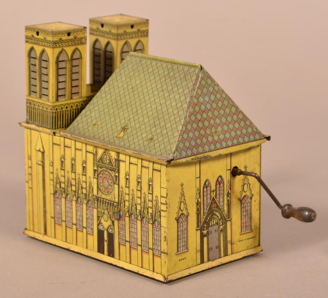 German Tin Lithograph Cathedral Music Box. (1 of 4)