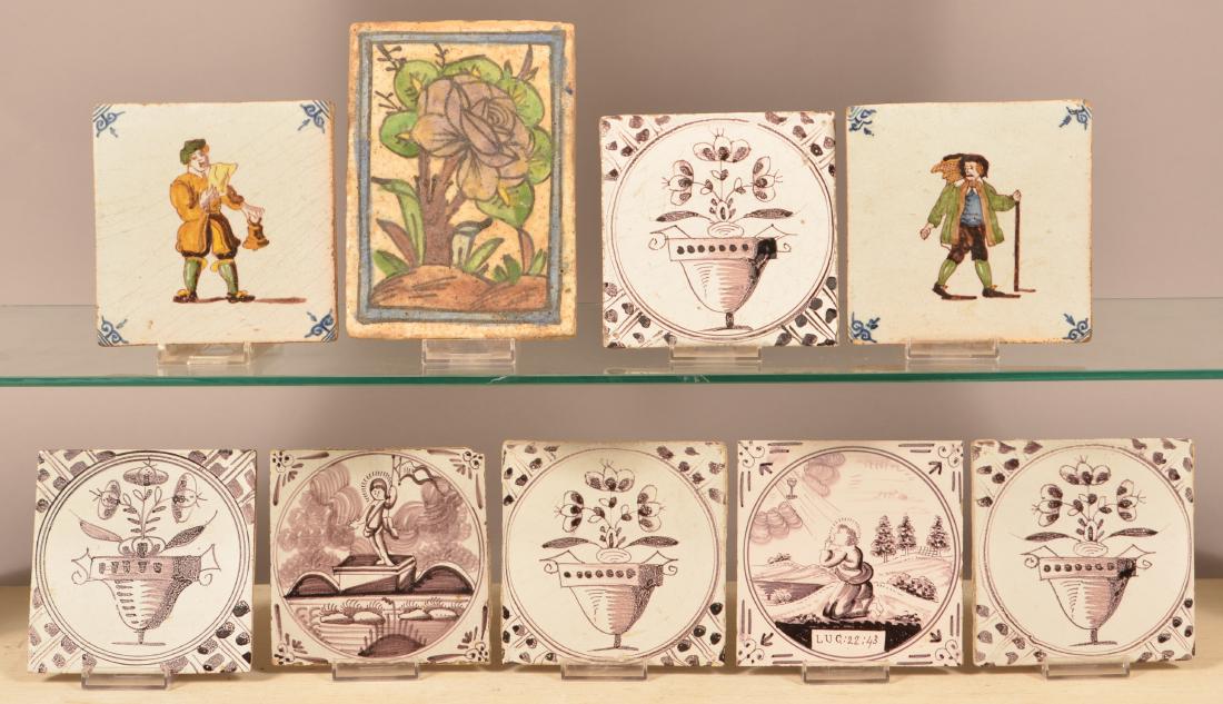 Nine Various Antique Decorated Tile Plaques.: Nine Various Antique Decorated Tile Plaques. Largest measures 5" x 7". Condition: Good with some chips and wear.
