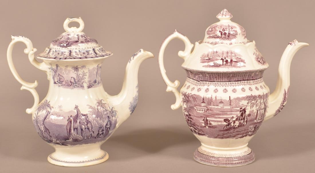 Two Staffordshire Purple Transfer Dome Lid Coffee Pots. (1 of 6)