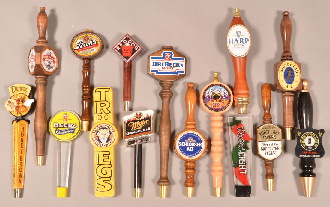 Fifteen Various Advertising Beer Taps.: Fifteen Various Advertising Beer Taps. Condition: Good with minor wear.