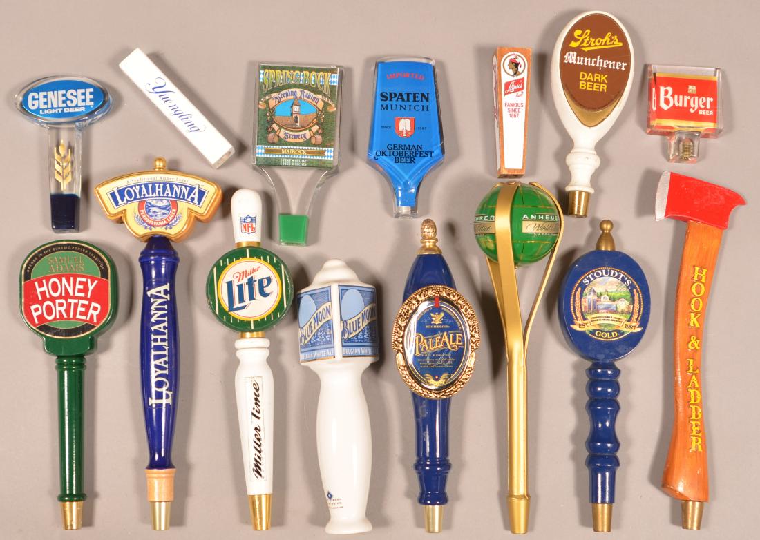 Fifteen Various Advertising Beer Taps.: Fifteen Various Advertising Beer Taps. Condition: Good with minor wear.