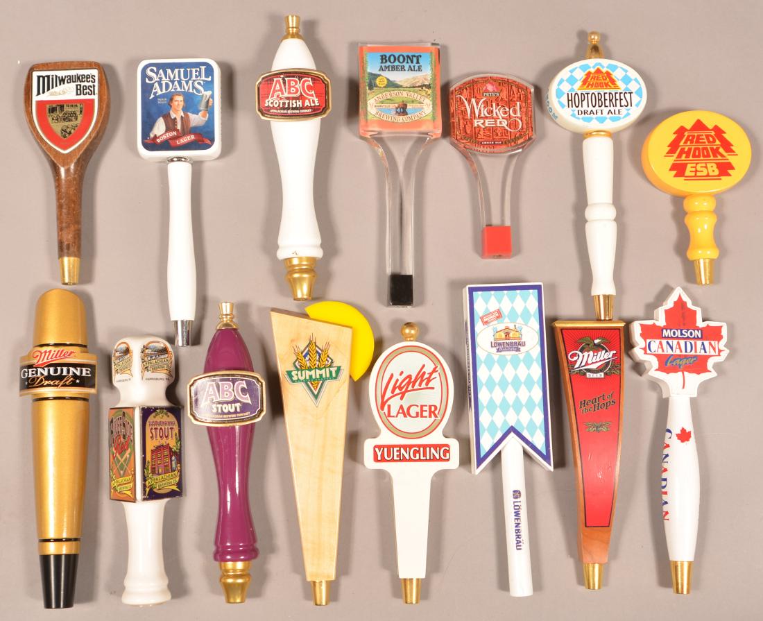 Fifteen Various Advertising Beer Taps.: Fifteen Various Advertising Beer Taps. Condition: Good with minor wear.