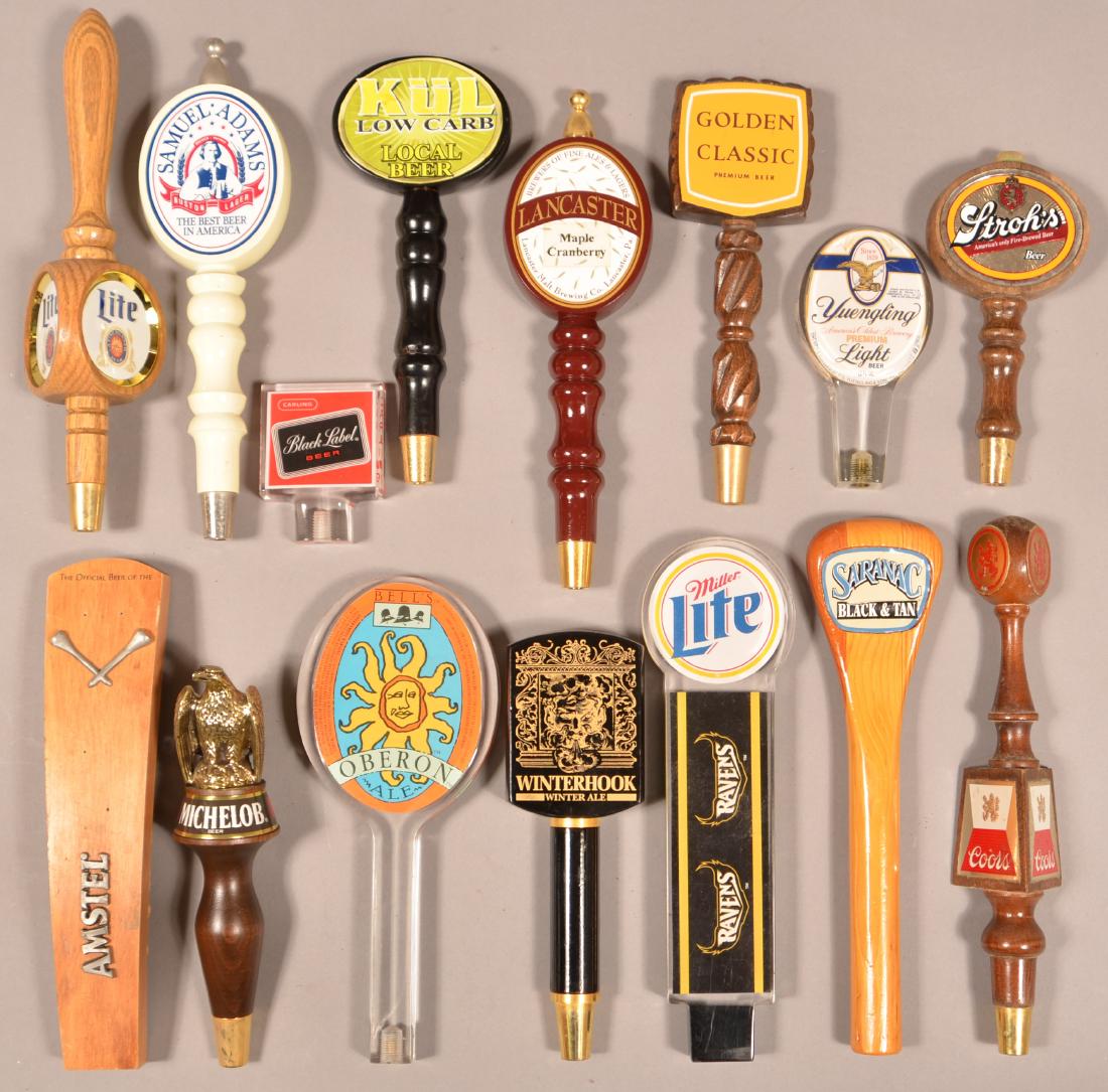 Fifteen Various Advertising Beer Taps.: Fifteen Various Advertising Beer Taps. Condition: Good with minor wear.