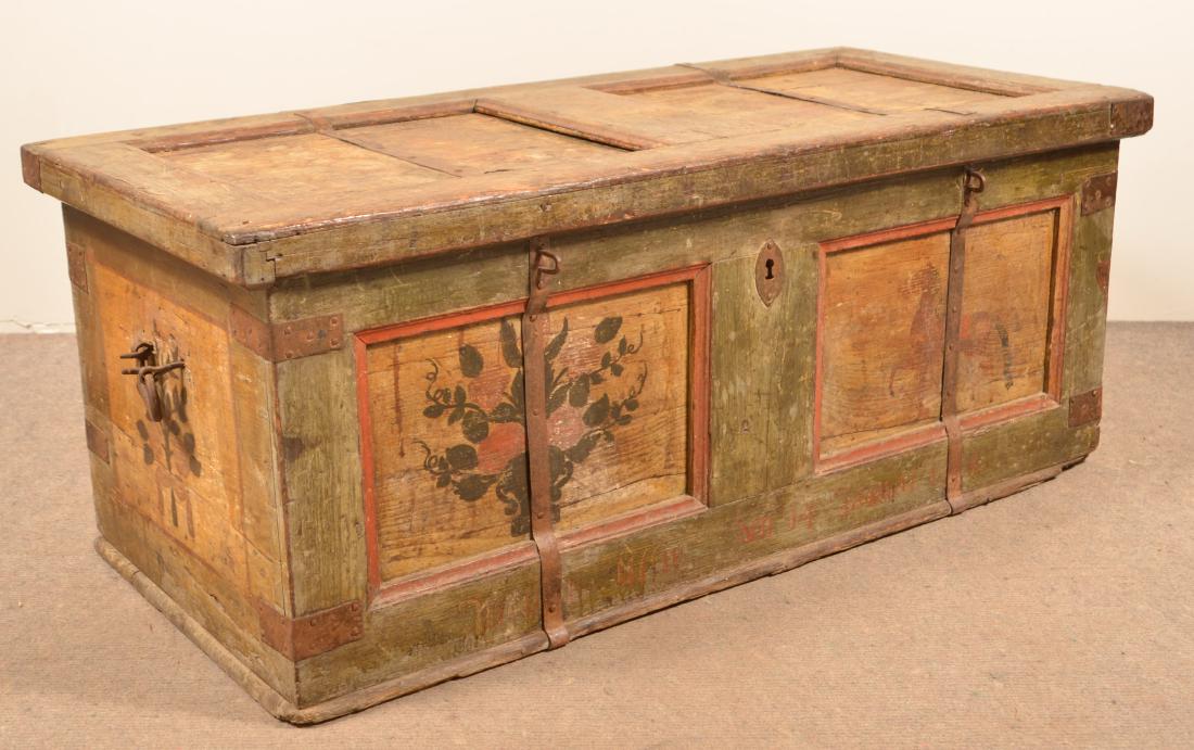 18th Century Paneled Dower Chest.: 18th Century Paneled Dower Chest. Remnants of original horse and floral decoration. Iron band supports added later. 21"h. x 51"w. x 24"d. Condition: Fair to good with wear, cracks and losses.