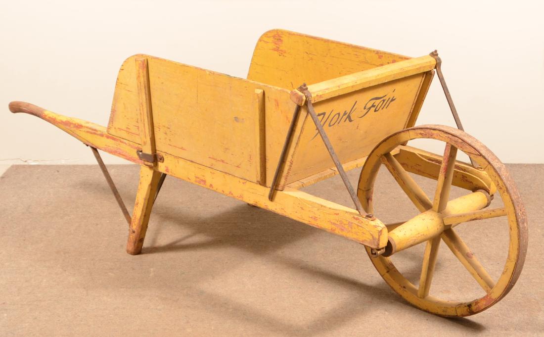 Antique Yellow Painted Wooden Wheel Barrow. (1 of 3)