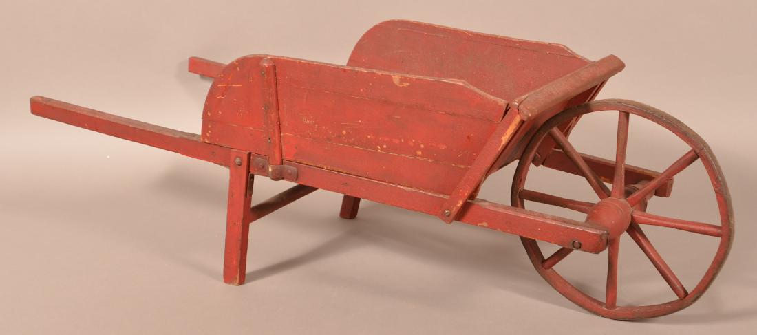 Antique Child's Size Red Painted Wheel Barrow. (1 of 2)