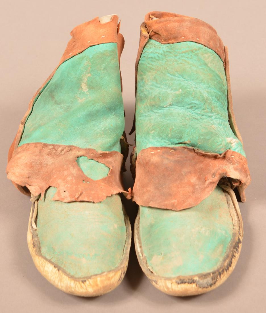 Pair of Antique Hopi Indian, Painted Buckskin and: Pair of Antique Hopi Indian, Painted Buckskin and Rawhide Mocassins