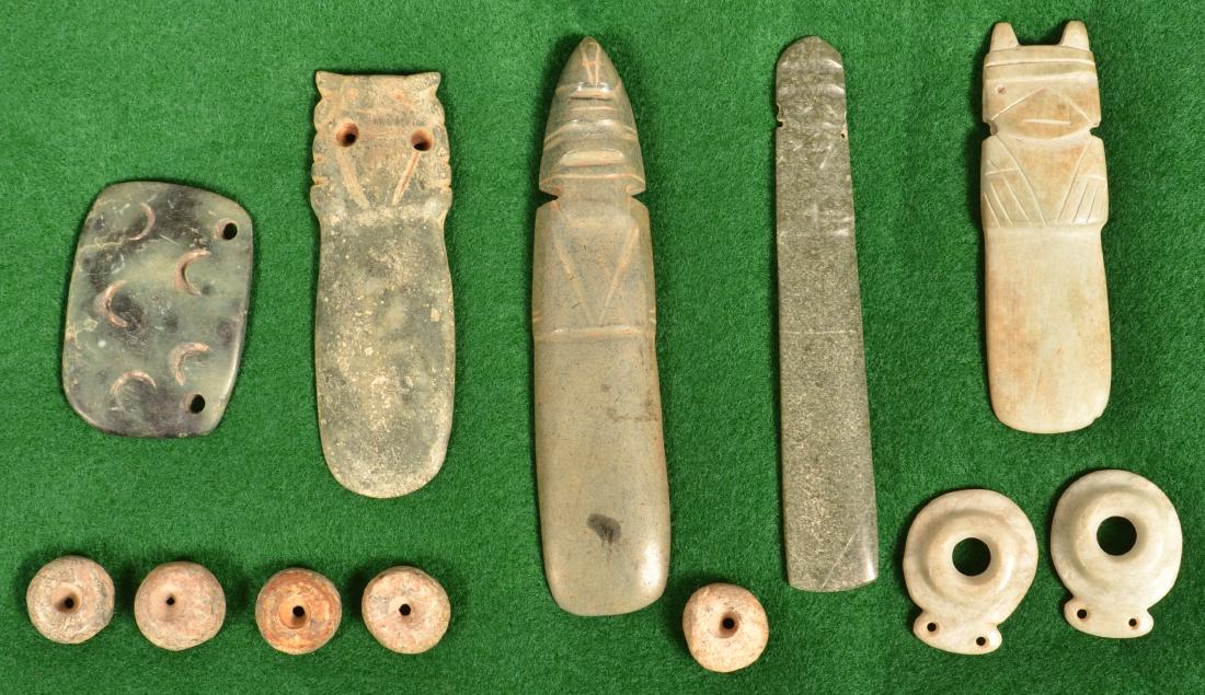 12 Mayan Stone Artifacts - Jade Ear Spools, Beads and (1 of 2)
