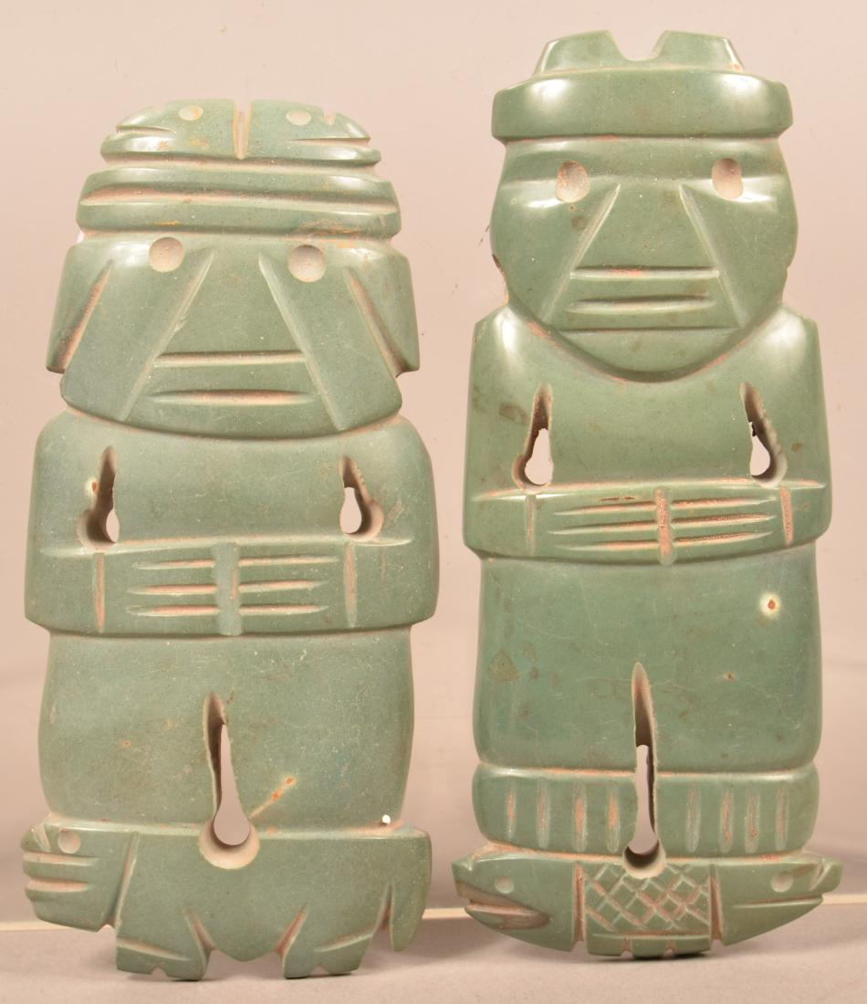 2 Central American Indian Made Greenstone Effigy: 2 Central American Indian Made Greenstone Effigy Pendants w/ Polished Spine on Reverse 5 1/2" , 5" Tall
