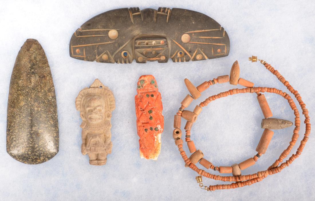 5 Meso American Items, Polished Celt, Wing Form Object, (1 of 2)