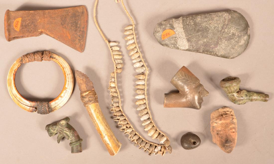 10 Antique Curios - Boar Tusk Bracelet, Bronze Pipe: 10 Antique Curios - Boar Tusk Bracelet, Bronze Pipe Bowl, Olive Shell Necklace, Catawba Pipe Bowl, Trade Hatchet etc.