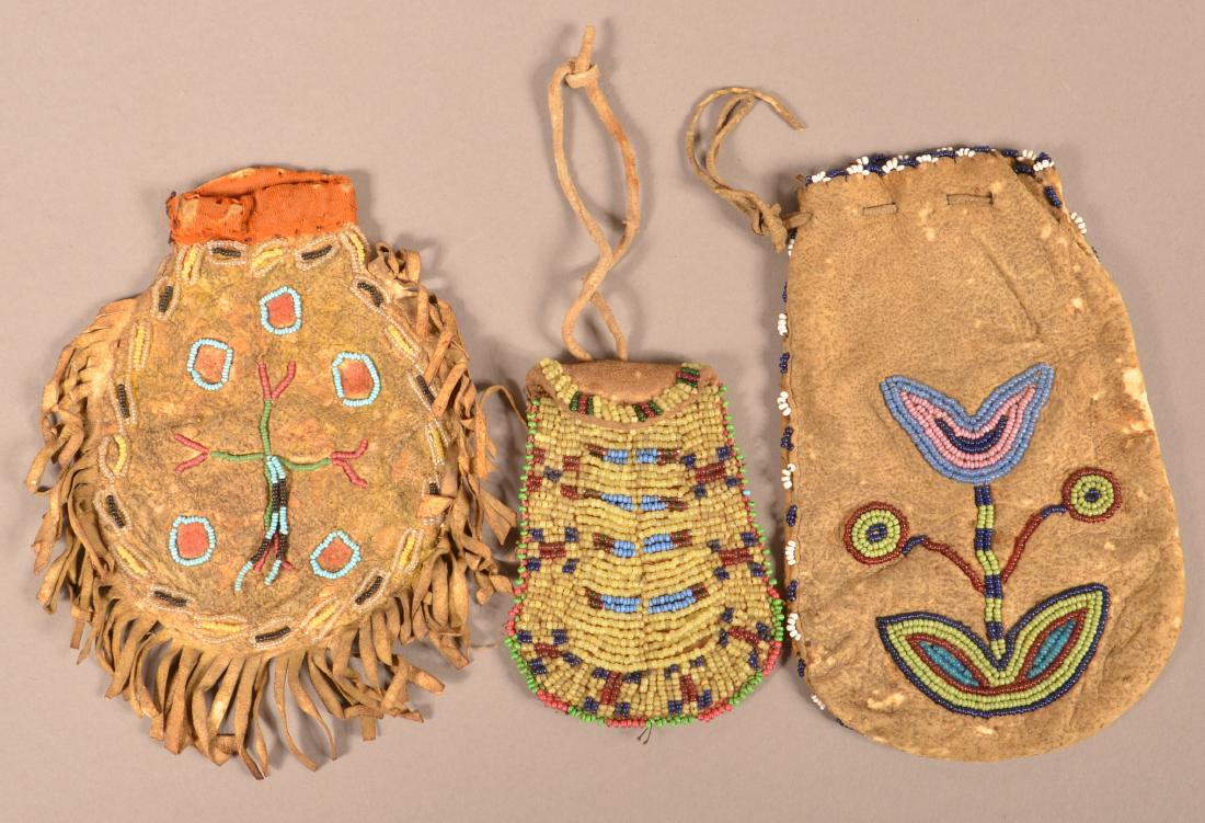 3 Antique Plains Indian Buckskin Pouches (1 of 2)