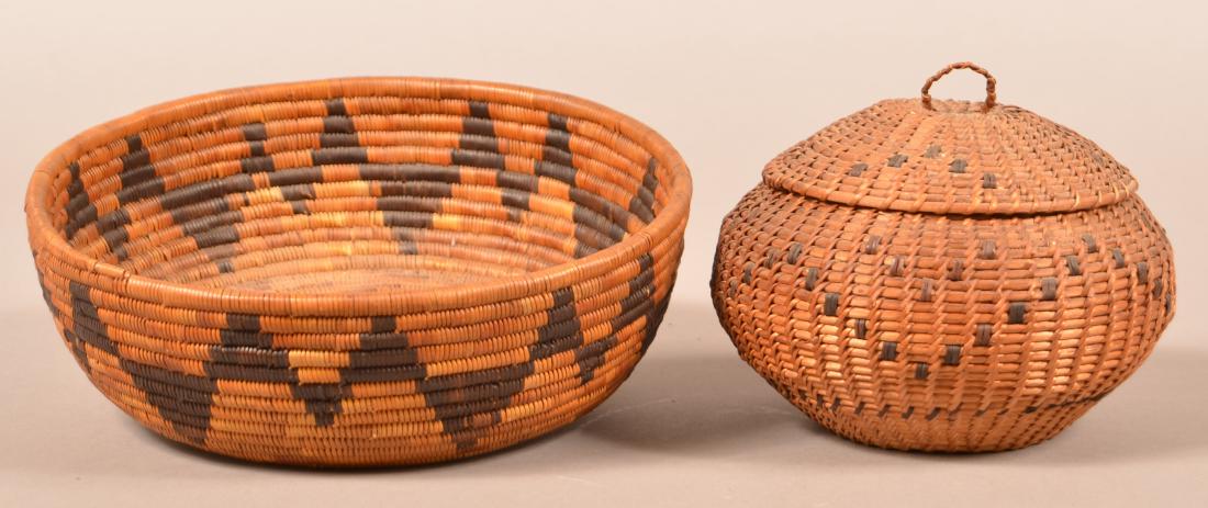 2 Californian Indian Baskets, Low Bowl Shaped, 9"x2" (1 of 3)