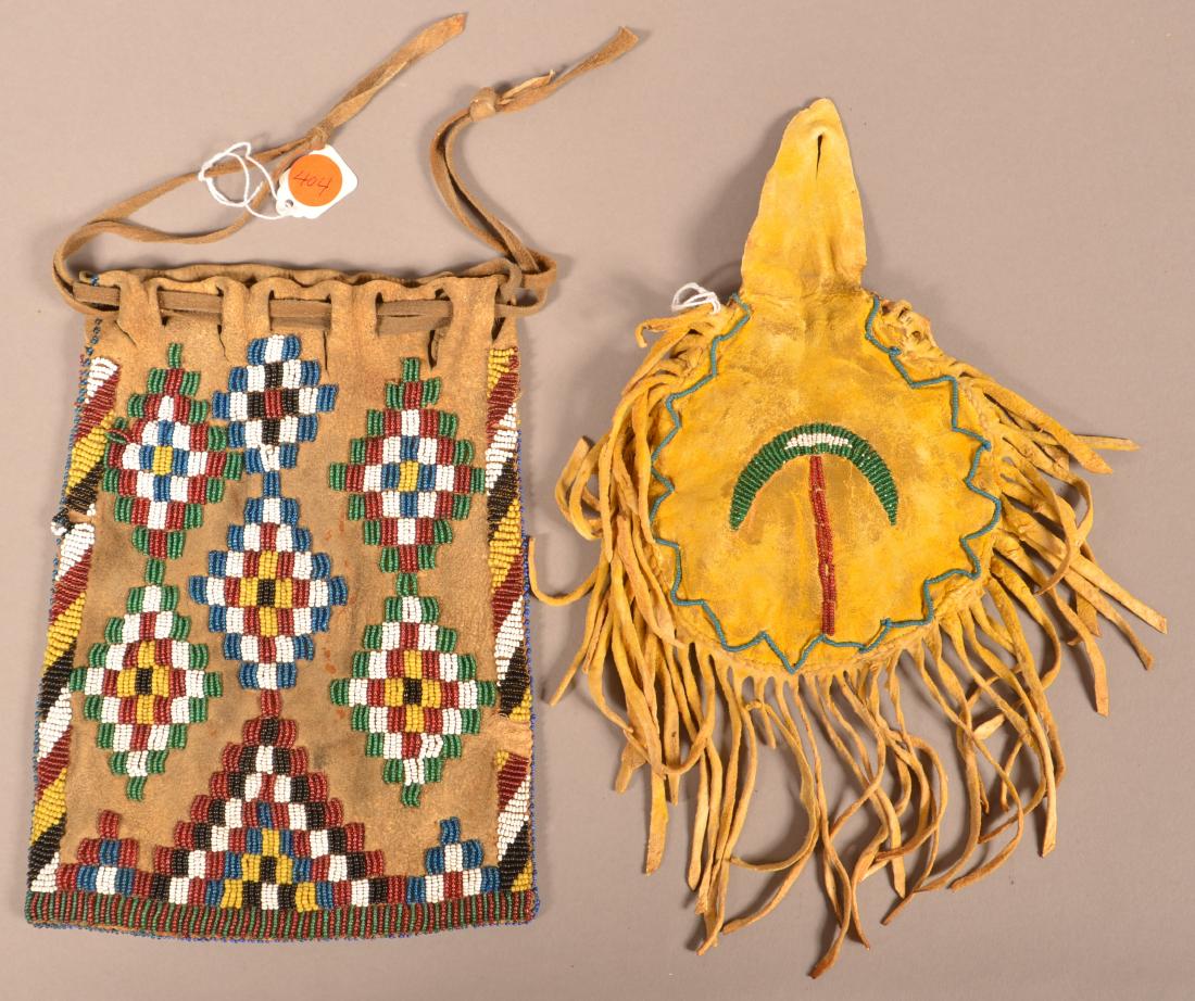 2 Antique Apache Buckskin Pouches, Yellow Painted, (1 of 2)