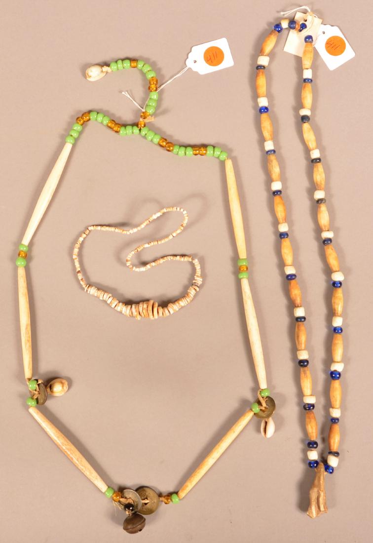 Group Of Native American Neckalces - Pre-Contact Shell: Group Of Native American Neckalces - Pre-Contact Shell Bead Strand, 2 Bone "Hair Pipe" Necklaces w/ Bison Tooth, Coin And Hawk Bell Pendants