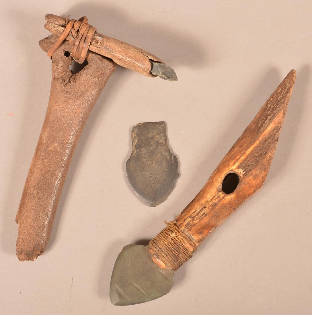 3 Early Inuit Artifacts - A Good Slate Bladed Bone: 3 Early Inuit Artifacts - A Good Slate Bladed Bone Harpoon Head, Bone Adze and Slate Point 9" Harpoon Head, 7" Adze