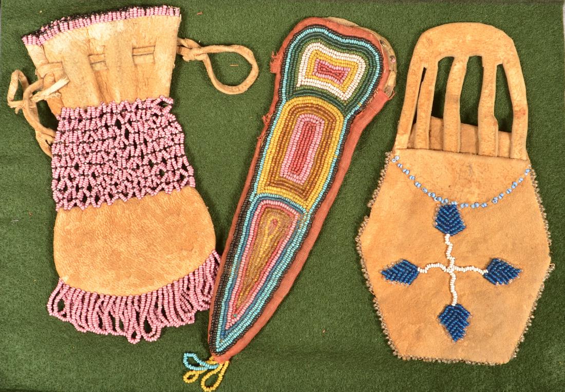 3 Antique Beaded Items "Netted" Technique Pouch, Knife (1 of 2)