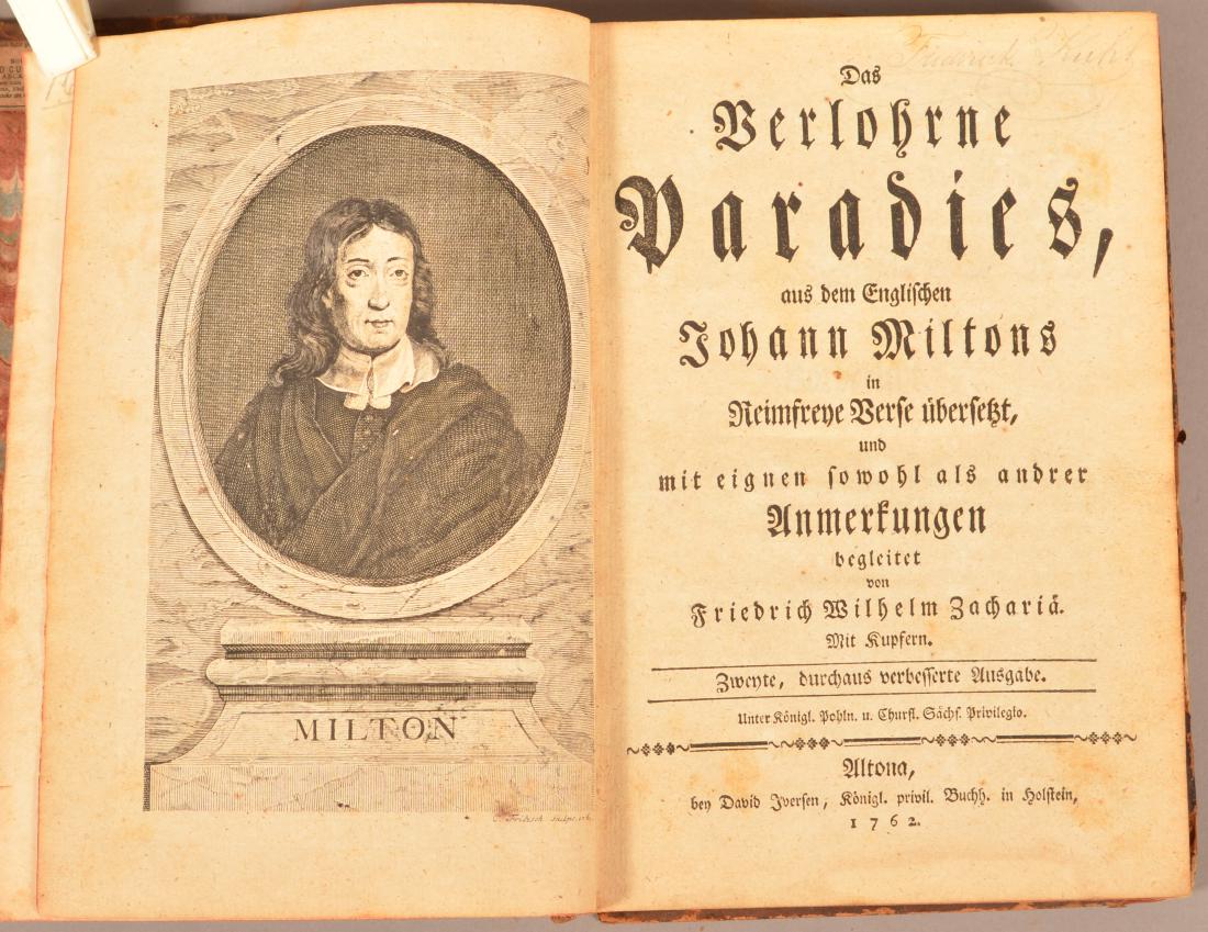 Das Verlohrne Paradies aus dem Englischen Johann: Das Verlohrne Paradies aus dem Englischen Johann Miltons. Altona (Germany) 1762. Large 8vo. Handwritten note at front "from the library of Rev. Solomon Neitz" who died in 1885, in Reading, Pa. Old wor