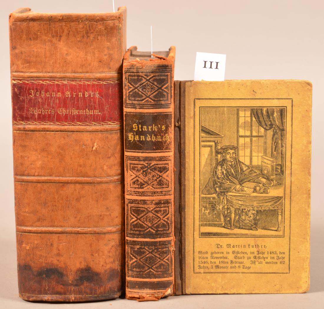 Hoch-Deutsches ABC. Phila: Schafer & Koradi, ca 1840.: Hoch-Deutsches ABC. Phila: Schafer & Koradi, ca 1840. 8vo. 34 p. Printed paper boards. VG // Stark's Hand-Buch. Phila: Kohler, 1863. 8vo. Worn leather. Metal straps & clasps. G // Johann Arndt. Wahren