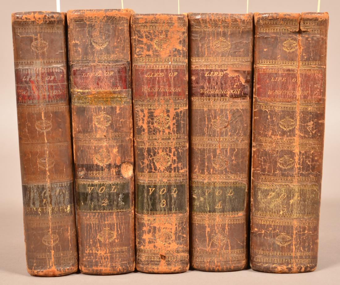 John Marshall. The Life of George Washington. Phila: John Marshall. The Life of George Washington. Phila 1804. 5 volumes. Some pages torn, scattered staining and dampstaining. Lacks the atlas volume.