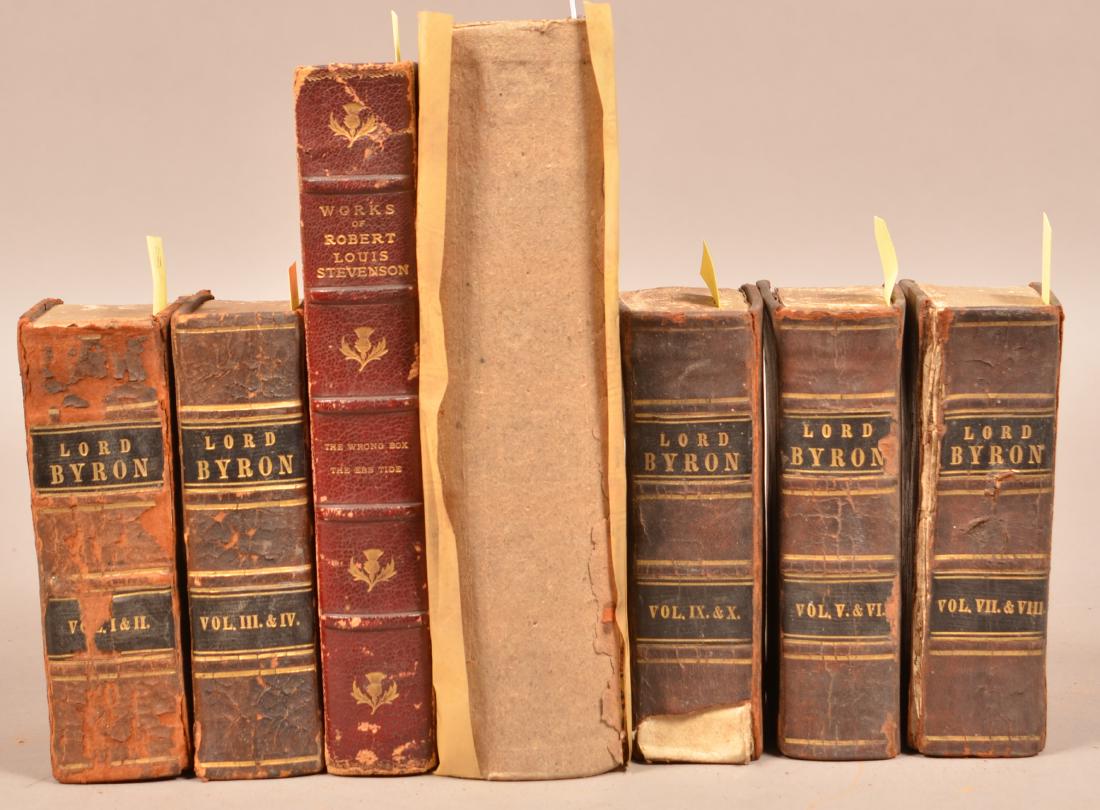 Poetical Works of Lord Byron. Phila 1859. 8vo.: Poetical Works of Lord Byron. Phila 1859. 8vo. Engravings. Front cover detached, joints taped. // Robt. Louis Stevenson. The Wrong Box/Ebb Tide. NY 1895. 8vo. Vol XI of a set. Half red leather, joints