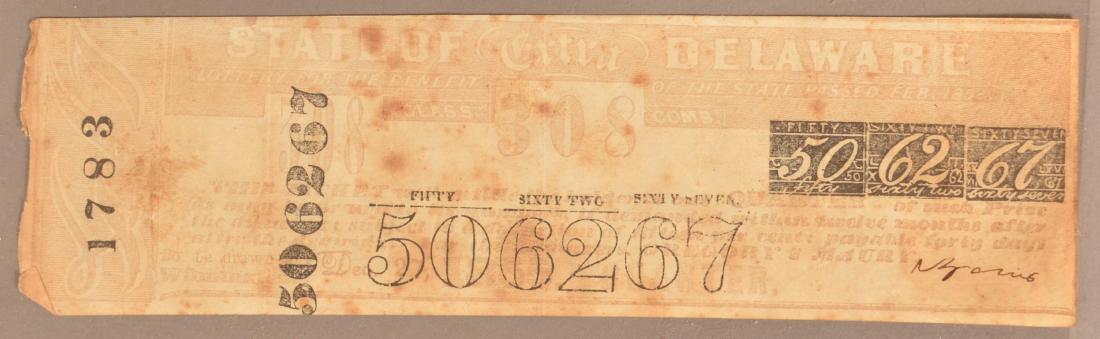 Lottery ticket "for the benefit of the State passed: Lottery ticket "for the benefit of the State passed Feb. 1852." 1/5 x 7".