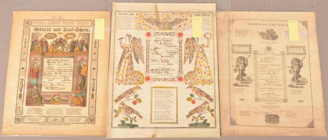 Taufscheins. Harrisburg: Lutz & Scheffer, 1847.: Taufscheins. Harrisburg: Lutz & Scheffer, 1847. hand-colored. // Alltentown: Blumer Busch & Co., 1849. hand-colored. Some tape repairs. // Easton: Senseman, 1827. Uncolored.