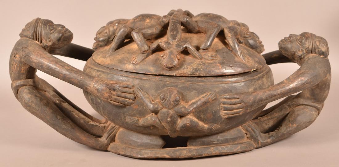 Antique/Vintage African Carved Wood Tribal Covered: Antique/Vintage African Carved Wood Tribal Covered Ceremonial Bowl. 15"h. x 36"w. x 19"d. Condition: Good with wear, losses and age cracks.