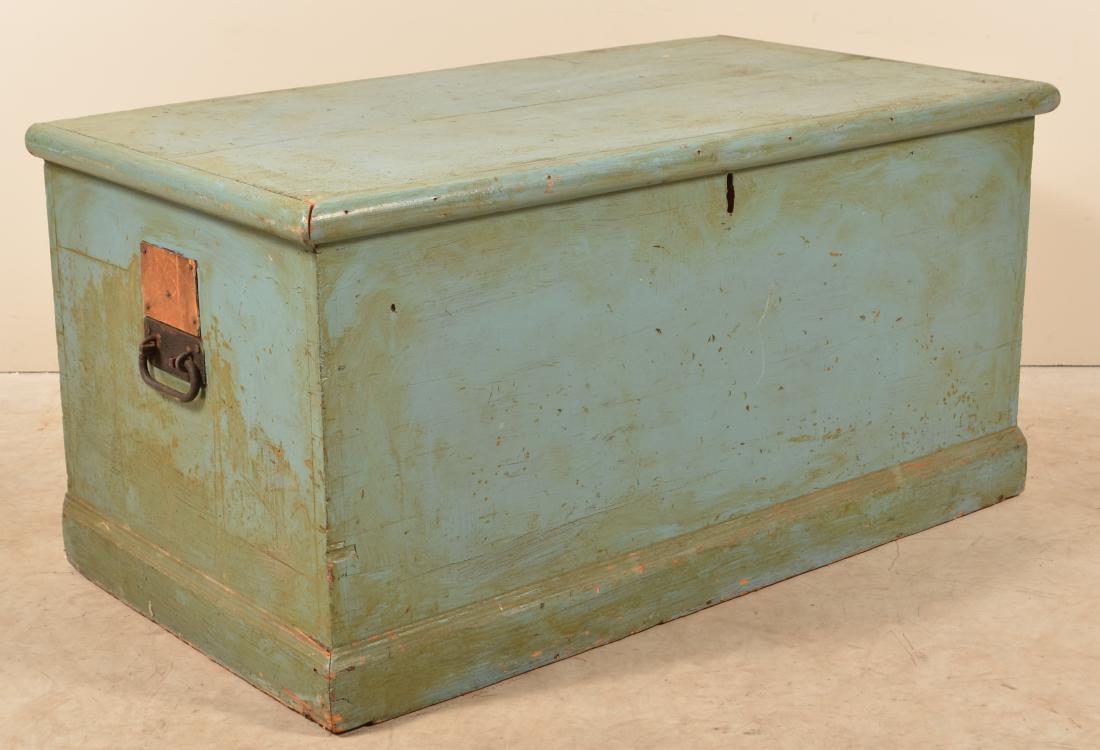 Antique Blue Painted Softwood Chest. Wrought iron drop (1 of 4)